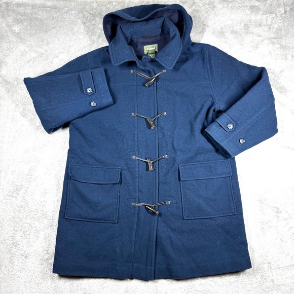 L.L. Bean Women’s Large Wool Blend Hooded Toggle Duffle Coat Navy Blue - Picture 1 of 12